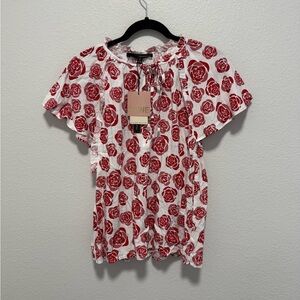 Harve Benard Red White Floral Blouse Size Medium